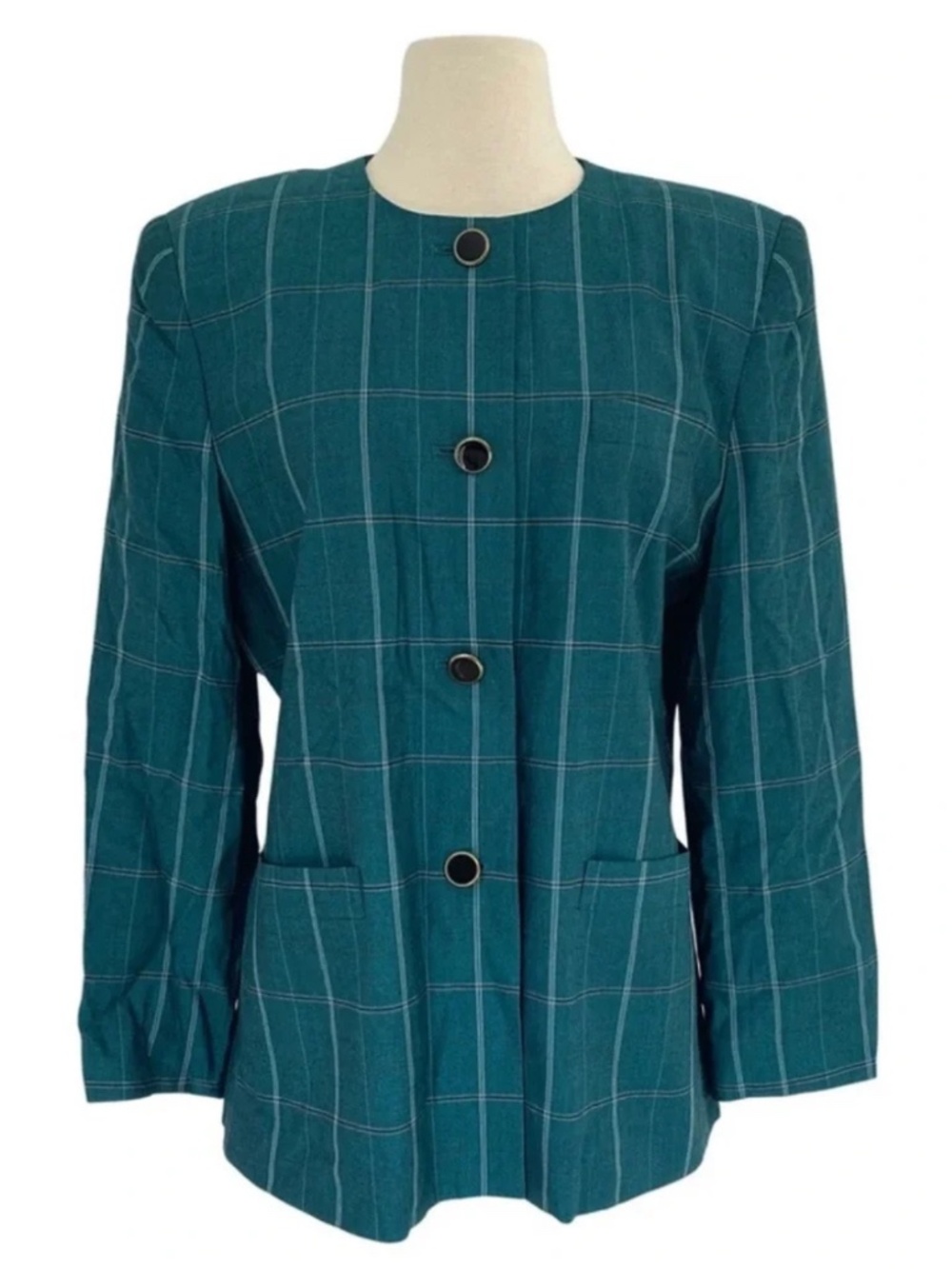 Vintage 90s Windowpane Plaid Collarless Jacket 9/10
